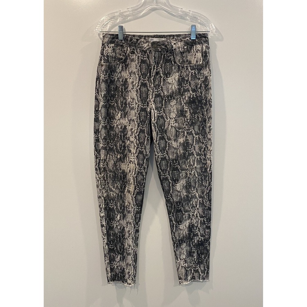 Zara 1975 Denim Snakeskin Print High Waisted Skinny Jeans Grey Black Size 6